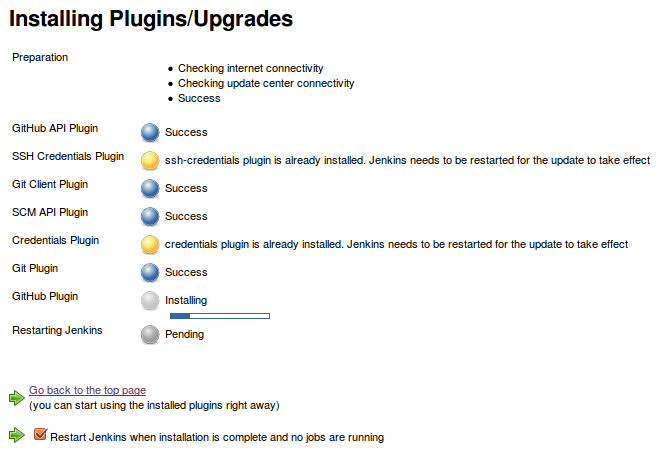 Check GitHub Plugin and click to Install without restart 4. In the setup page check “Restart Jenkins when installation is complete and no jobs are running”